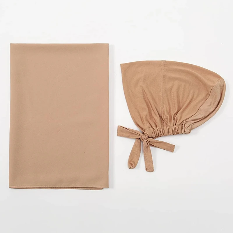 2 Pcs Set Solid Color Muslim Chiffon Scarf Hijab Female Islamic Turben Cover Shawls Wraps for Women Turban Bottom hat