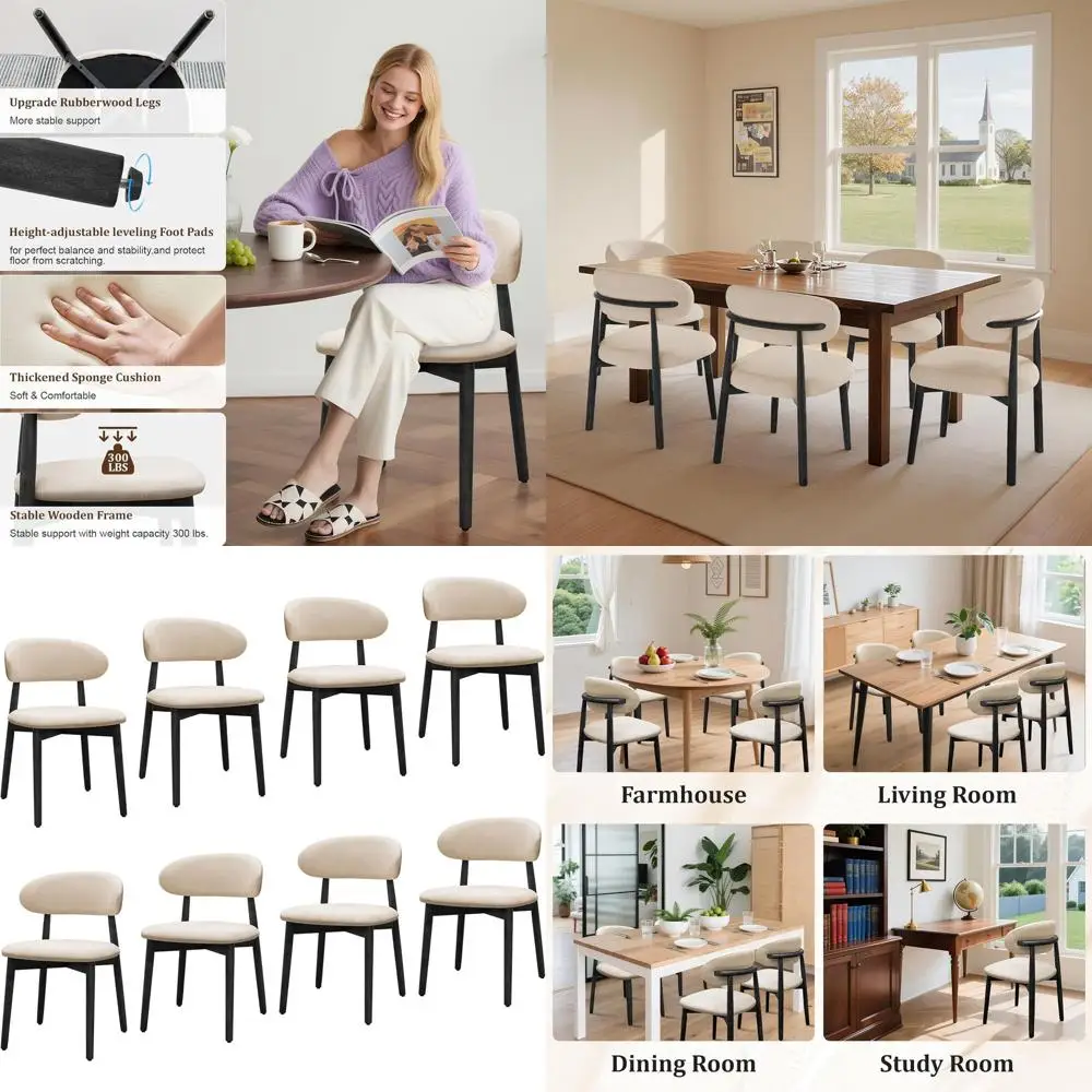

8-Piece Modern Upholstered Dining Set, Beige Fabric Wooden Chairs with Curved Backs for Kitchen & Dining Room