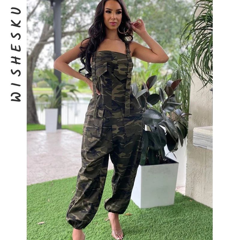 

Sexy Backless Camouflage Print Loose Jumpsuits Women With Pocket Cargo One Piece Rompers Playsuits 2023 Summer Overalls Clothing