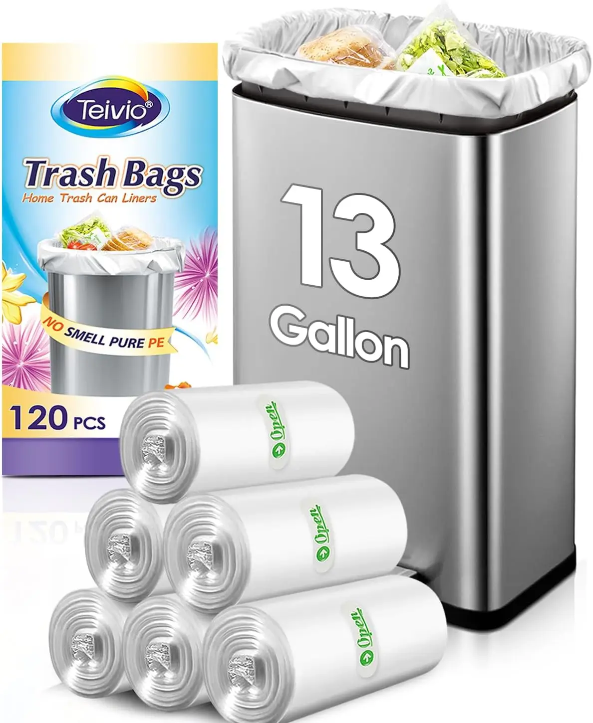 

Прочные высокие мешки для мусора объемом 13 галлонов (120 штук), универсальные для дома, офиса, двора, прозрачные пластиковые пакеты для мусорных баков