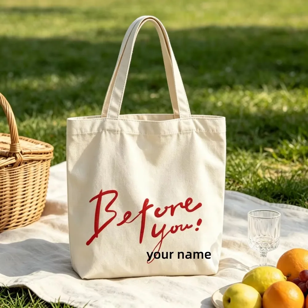 Personalized Fall in Love Canvas Tote Bags Custom Names Cute Boho Lettering Grocery Shopping Bags Reusable for Women Girls Gifts