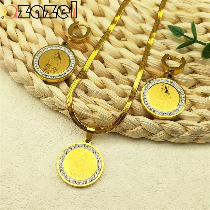 

Stainless Steel Virgin Mary Rhinestone Statement Necklace Earring Set Women Gold Color Geometry Necklace Jewelry Set 8363