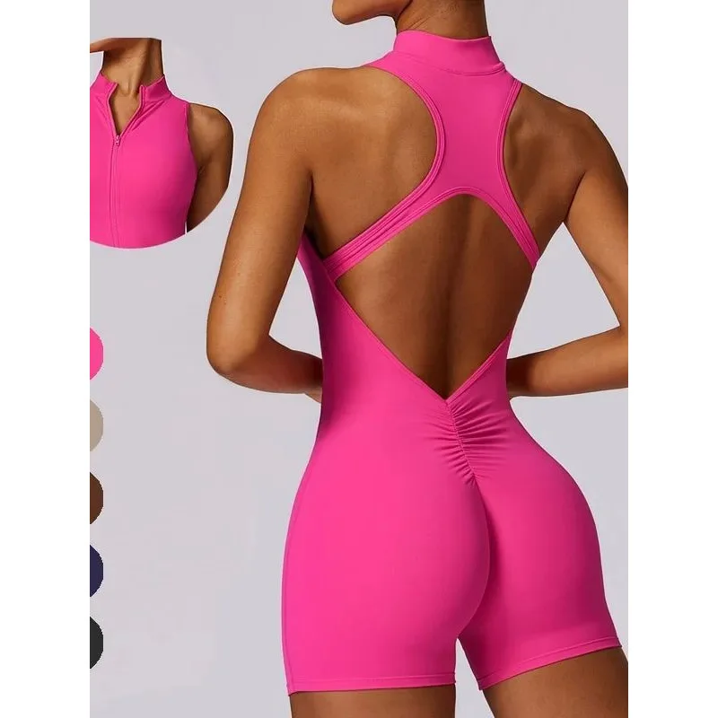 

Solid Soft Backless Back Waist Scrunch Yoga Jumpsuit Short Set Women Zipper Sportswear Fitness One Piece Sports Suit Workout