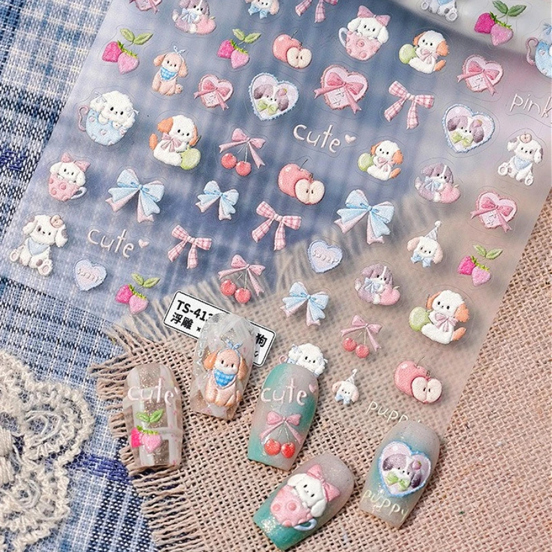

Sweet Cute Puppy Bowknot Apple Cherry Strawberry Cartoon 5D Reliefs Self Adhesive Nail Art Stickers Cute Dog 3D Manicure Decals