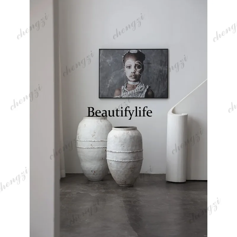 Wabi Sabi retro floor-to-ceiling vase ceramic large flower tank hotel and homestay staircase ornament