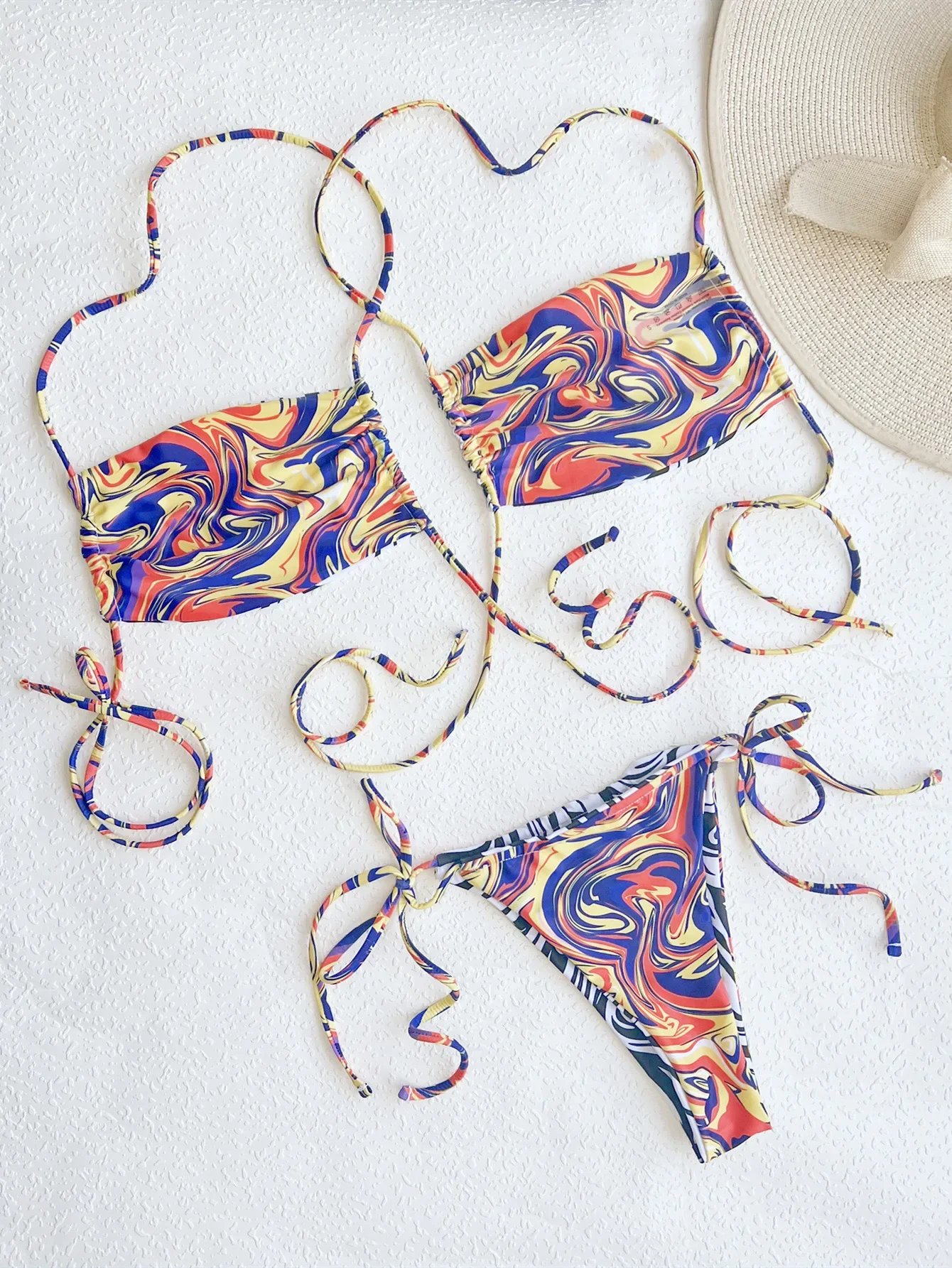 Streifen-Druck-Bikini-Set für Damen, doppelseitiger Badeanzug, niedrige Taille, Tanga, Schnürung, rückenfrei, Straps-Badeanzug, Sommer-Strandbekleidung