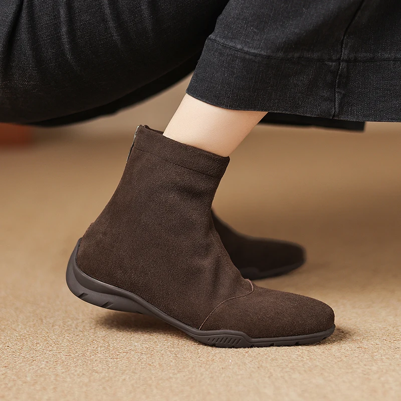 2026 new autumn winter women ankle boots natural leather 22-24.5cm cow suede round toe back zip short boots fashion