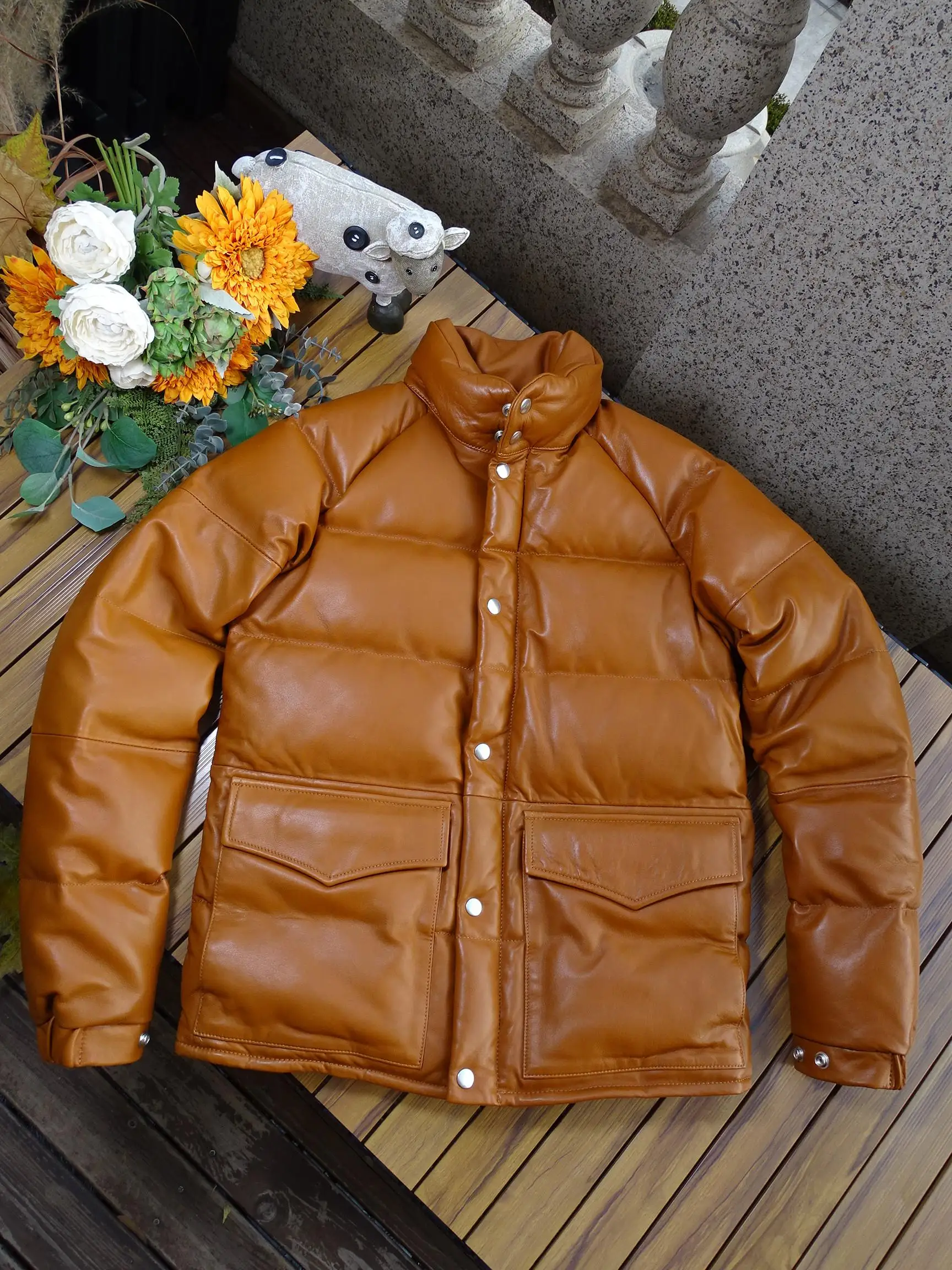 

Real eep Leather down Jaet Men Women Casual Faion Urban Sle ort Coat Zipper Closure Straight Hemline Retro Japanese