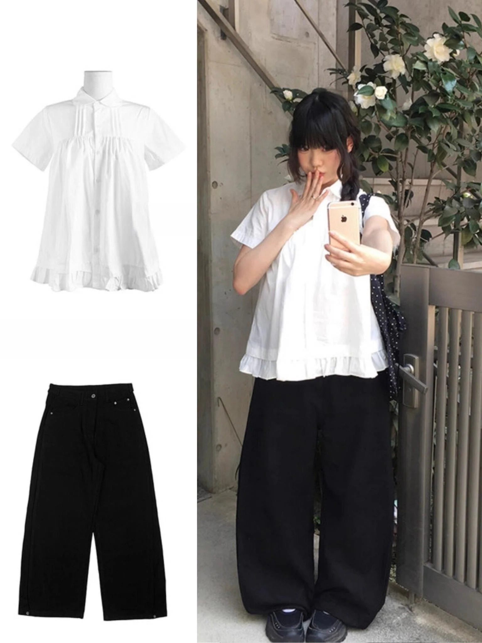 

Korean Style Sweet Ruffle Splice Short Sleeve Casual Denim Shirt Women Loose Wide Leg Jeans Top for Younger Looking