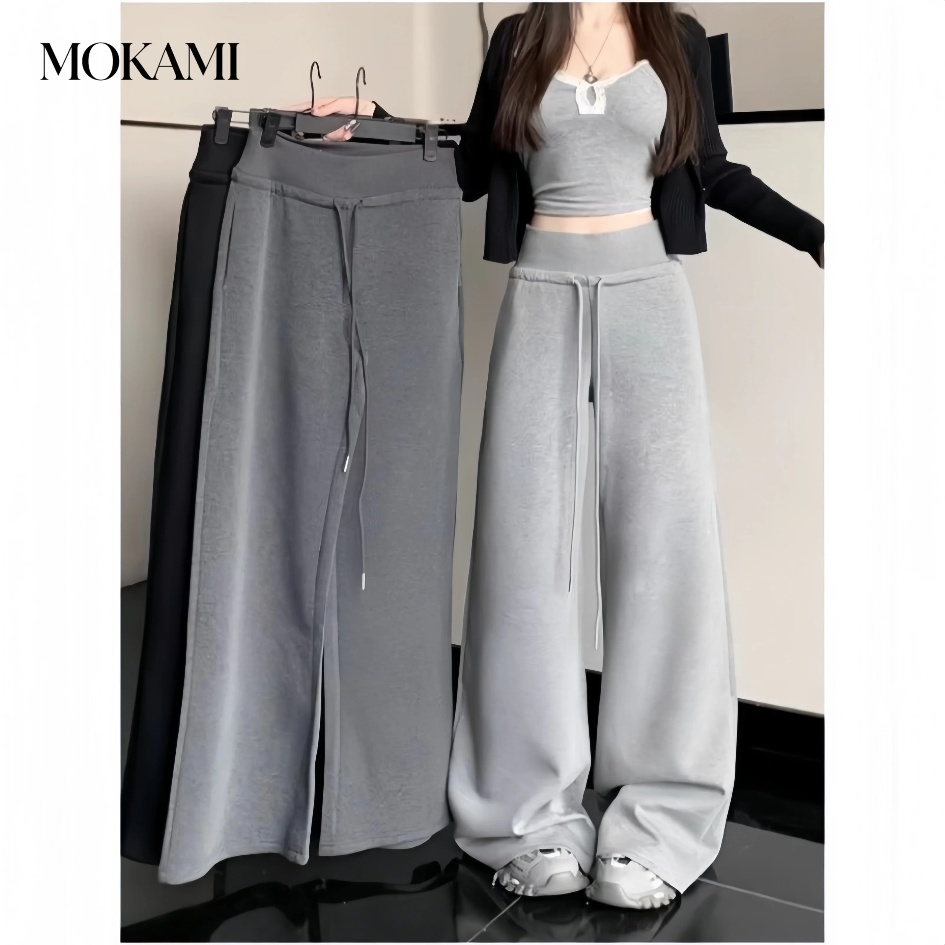 Women's High Waist Straight Leg Sweatpants Ribbed Waist American Casual Wide Leg Pants Hanging Sensation Sports Fashion