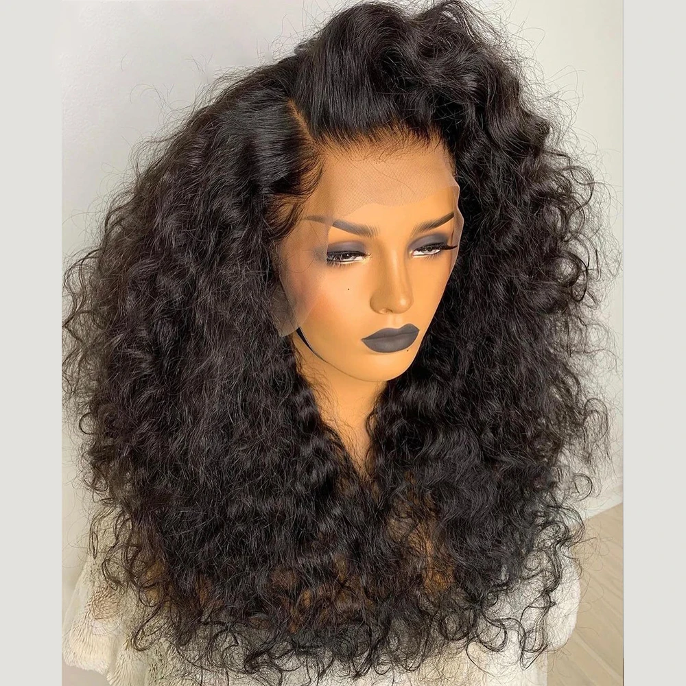 Perruque Lace Front Wig crépue bouclée noire naturelle, 26 pouces, densité 180, cheveux de bébé, pre-plucked, sans colle, degré de chaleur, pour femmes