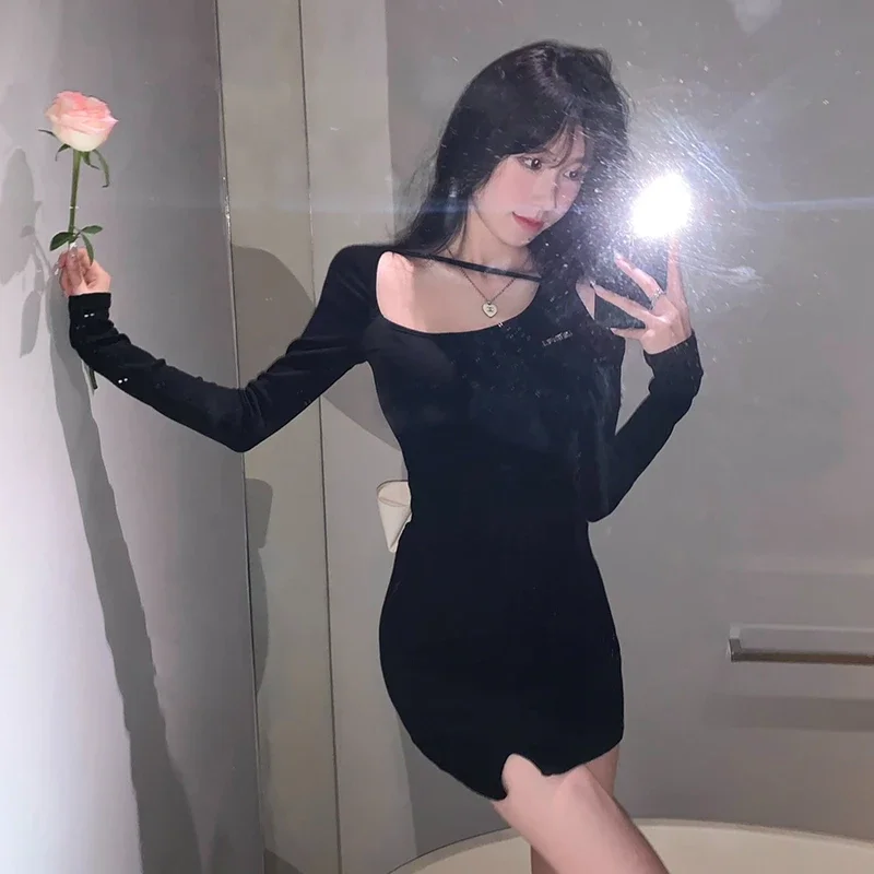Sexy Black Mini Dress Women Off Shoulder Pure Slit Bow Hollow Out Design Skinny Irregular Attractive Ulzzang Girls Aesthetic