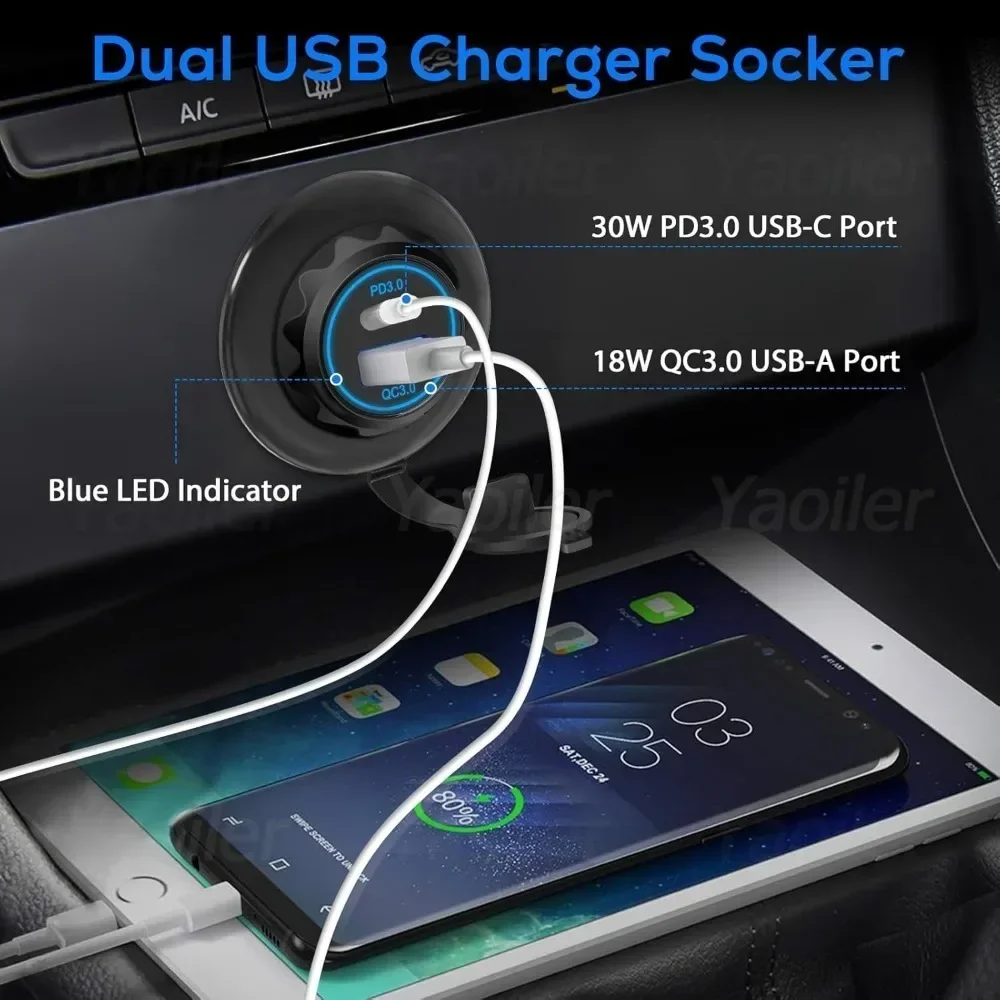 12V RV USB Car Charging Socket Panel QC3.0 USB-A & PD USB-C Power Outlet Fast Car Charger Adapter for Marine Truck Bus Camper