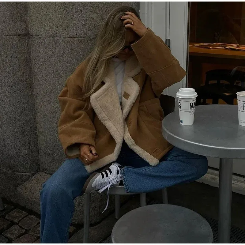 

Vintage Lamb Wool Women Coat Patchwork Full Sleeve Lapel Parka Coat Loose Winter Autumn Warm Jacket Thicken Pocket Lady Overcoat