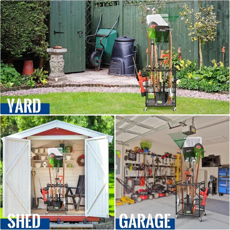 Garden Yard Tool Organizer for Garage with Wheels, Yard Tool Racks Garage Organizers and Storage,Tool Holder for GarageYard Shed