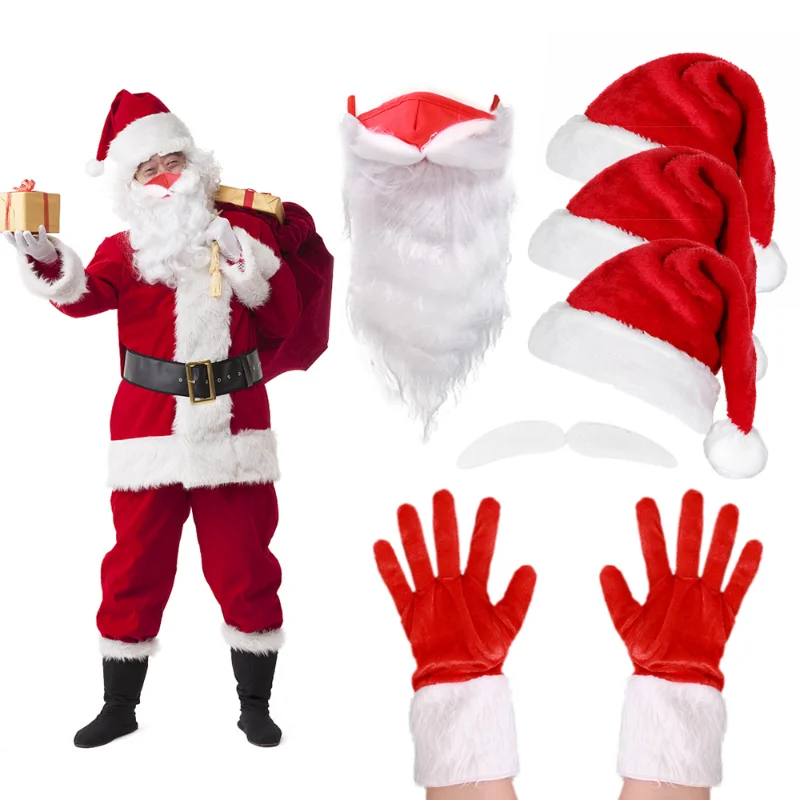 Xmas Funny Santa Claus Hat 3D Beard Masks Gloves Eyebrow Wmen Men Plush Thicken Cap Merry Christmas Party Festival Supplies