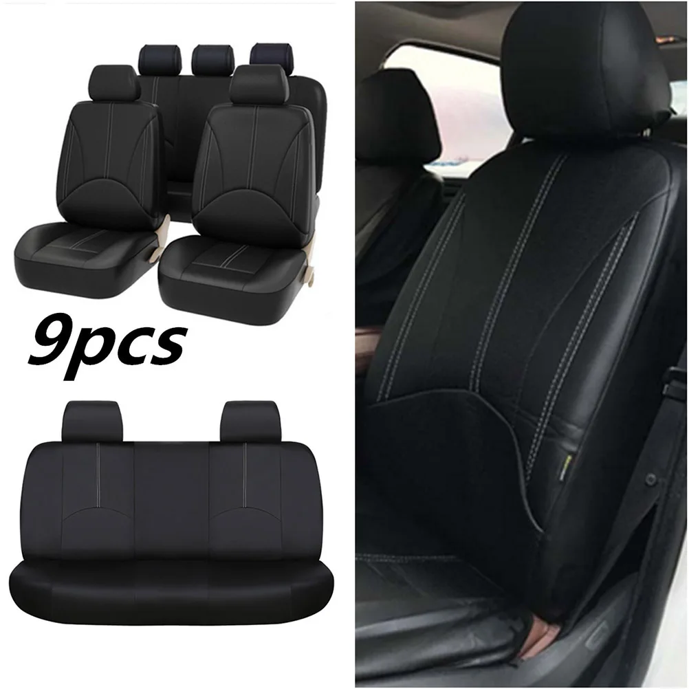

9Pcs Full Set PU Car Seat Covers Black Wear-Resistant Auto Interior Styling Front Rear Cushion Protector Upgrade