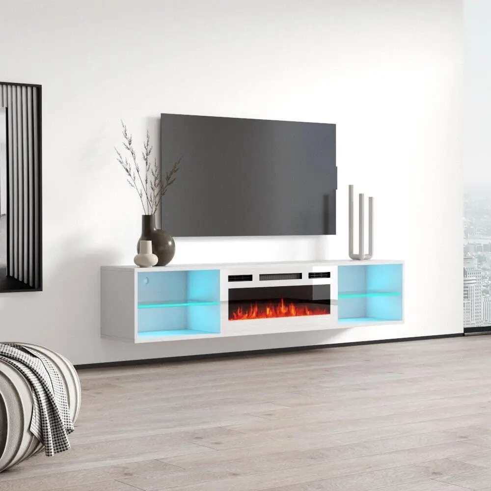 Lima Wall Mounted Electric Fireplace TV Stand with Storage Cabinets 72 Inch Modern Matte White Finish, Customized