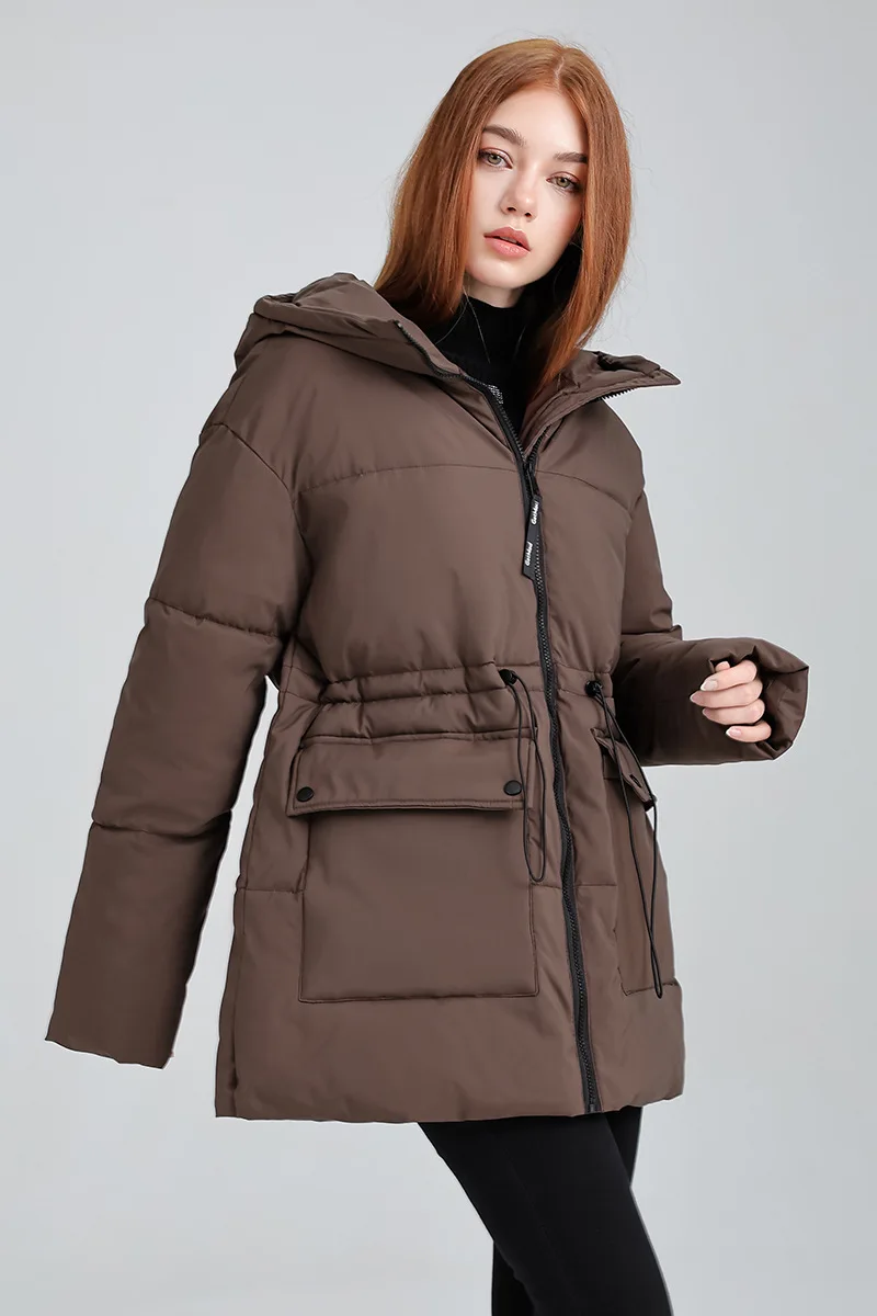 

Women Fashion Drawstring Hooded Cotton Jacket Chic Solid Stand Collar Zipper Loose Coat Lady Winter Daily Commute Outerwears