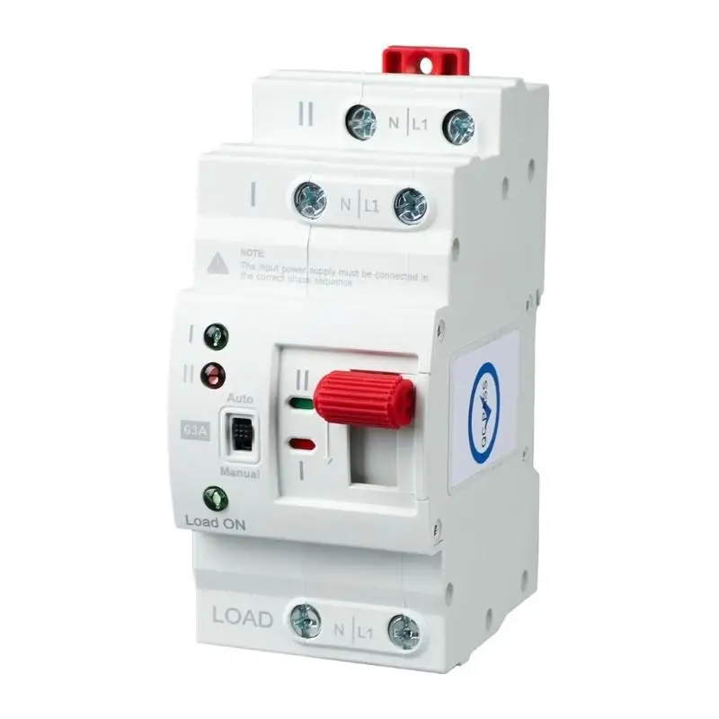 Automatic Transfer Switches, 2P 63A 220V Source Changeover with Manual Selection, Primary Supply Return, and Green and Red D2RD