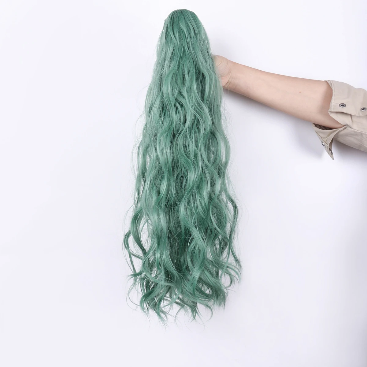 Pieces Synthetic Hairpieces Long Wavy Curly Clip in Ponytail Hairpiece Green 22 Inch Full Machine Made Good Quality Synthetic Wi