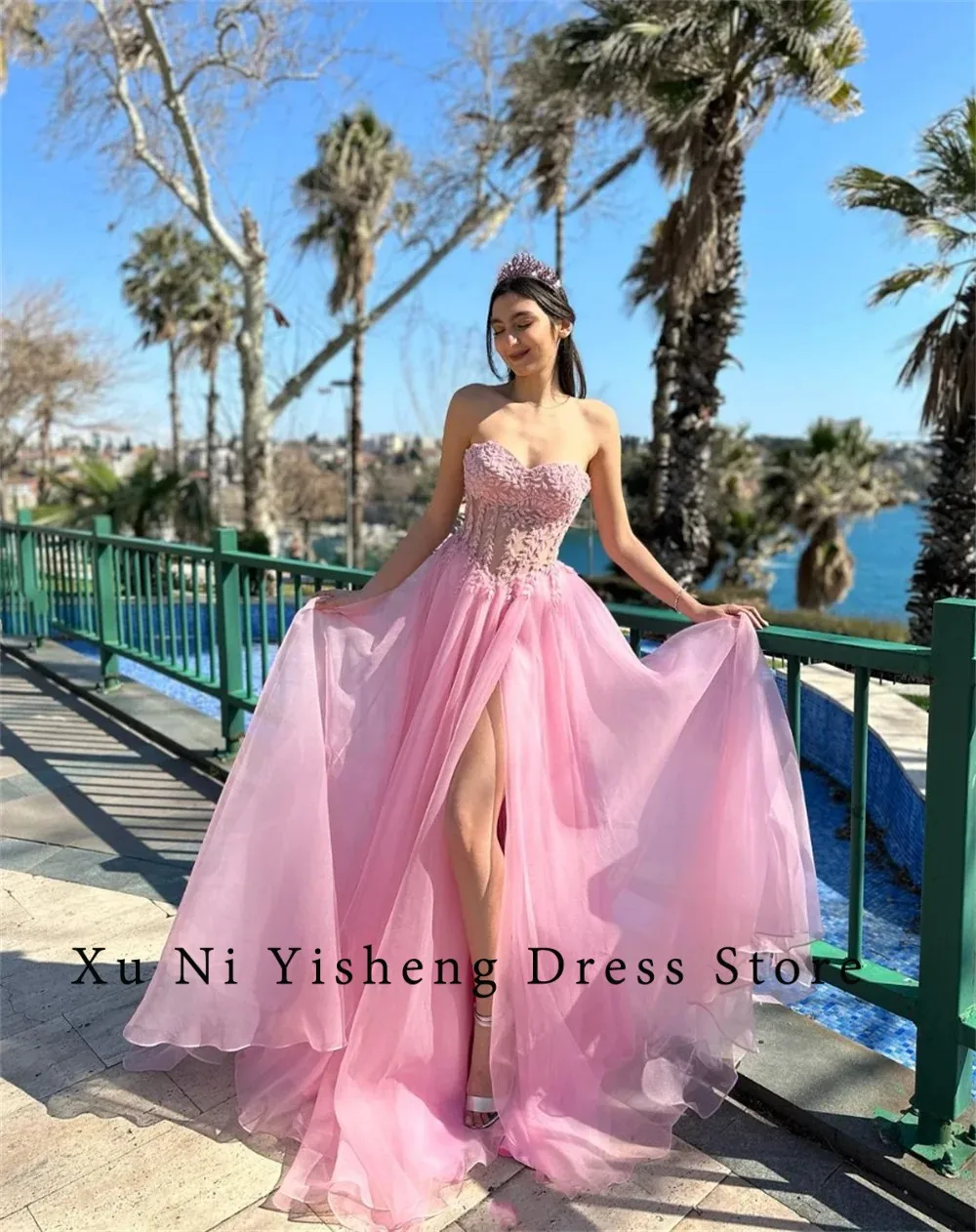 

Fashion Sexy Prom Dresses 2024 Women A-Line Sweetheart Slide Split Tulle Appliques Custom Made Birthday Evening Party Dresses