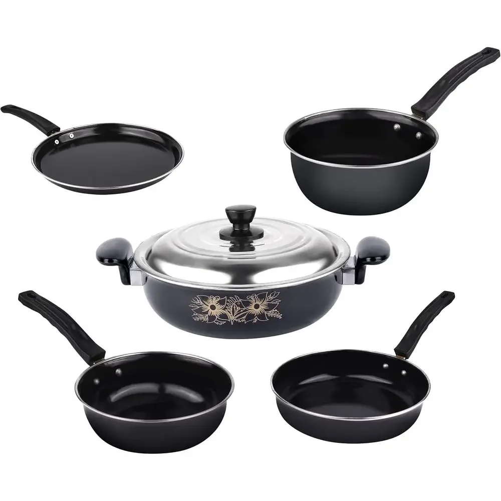 5-Piece Non-Stick Cookware Set: Induction-Friendly with Lid, Fry Pan, Tawa, Sauce & Tadka Pans | Hard-Anodized Cast Iron