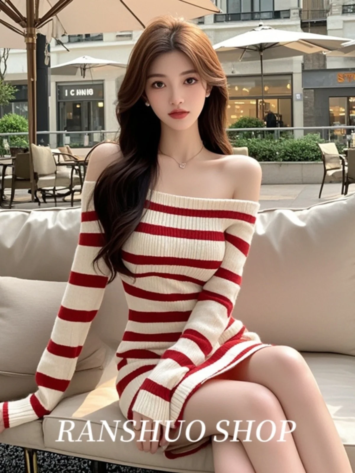 

Scarlet Stripe Bodycon Knit Dress Women Off Shoulder Cold Shoulder Autumn Winter Coquette Aesthetic Waist Defining Baddie Chic