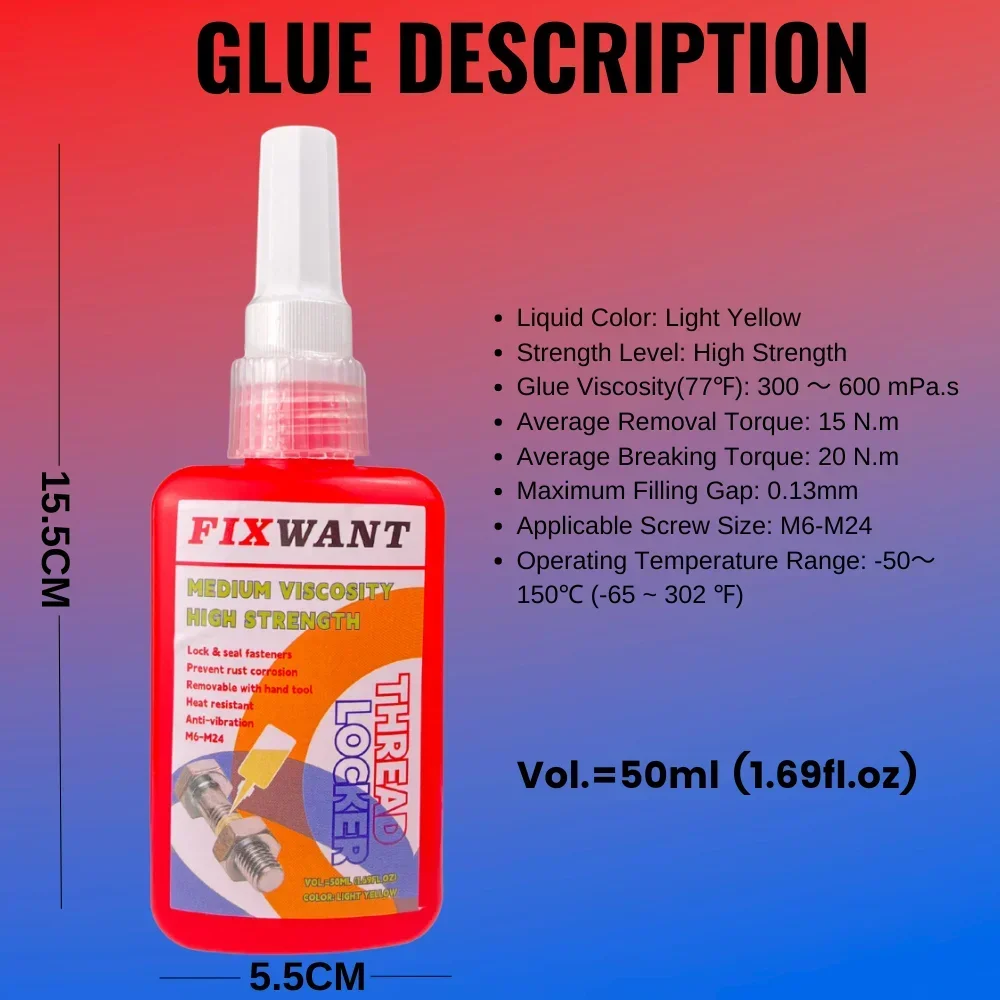 50ML Thread Locking Tightening Screw M6-M24 Prevent Loosening Rusting Caulking Temperature Resistance Anaerobic Glue Removable