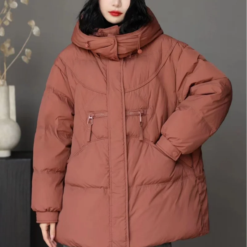 여성용 중간 길이 다운 겨울 신상 패션 출퇴근용 후드 재킷 - 다용도 오버사이즈 두꺼운 루즈 코트 - 트렌디