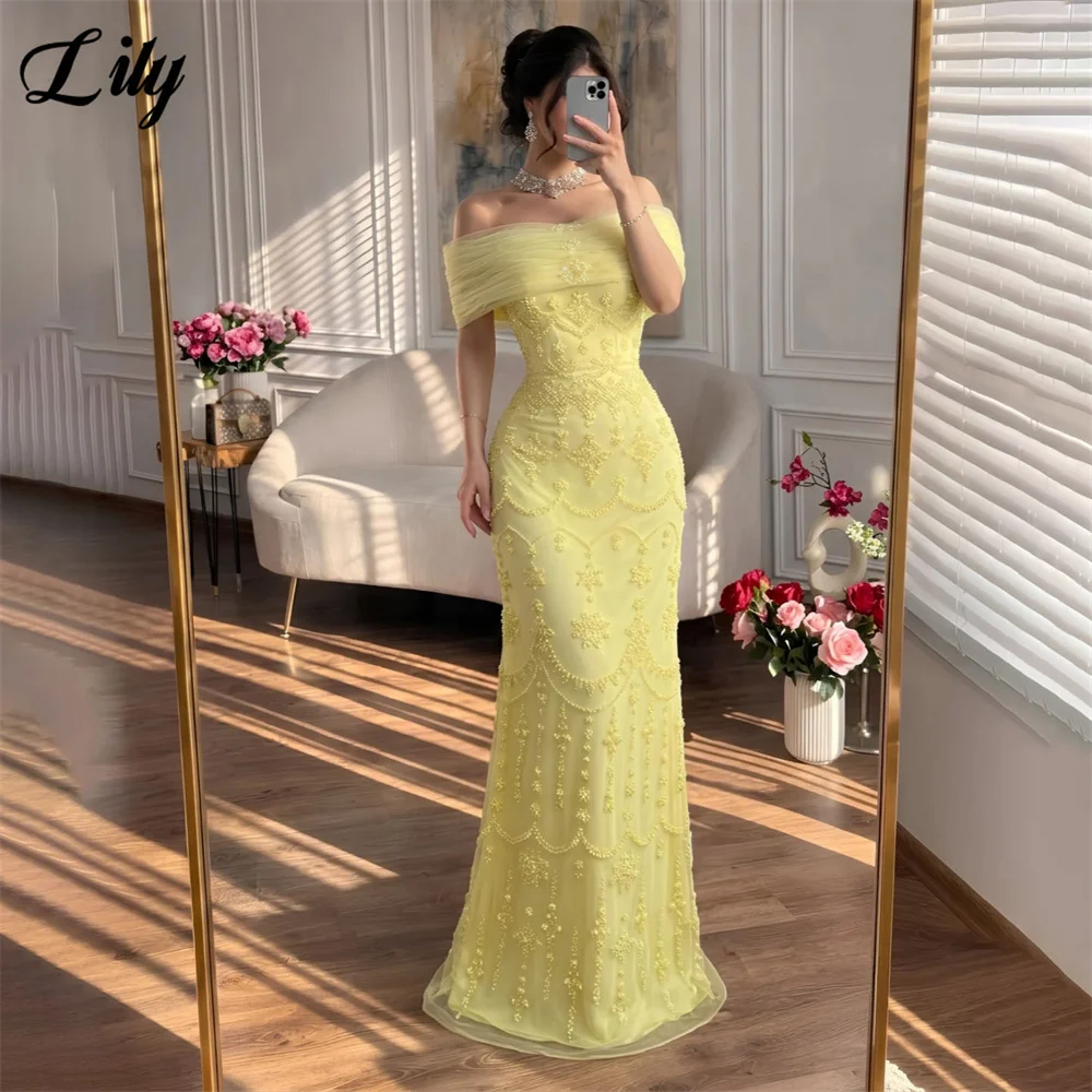 Lily Yellow Evening Gown with Beaded Mermaid Prom Dress Off Shoulder Wedding Dresses Sweep Train robes de soirée Customized