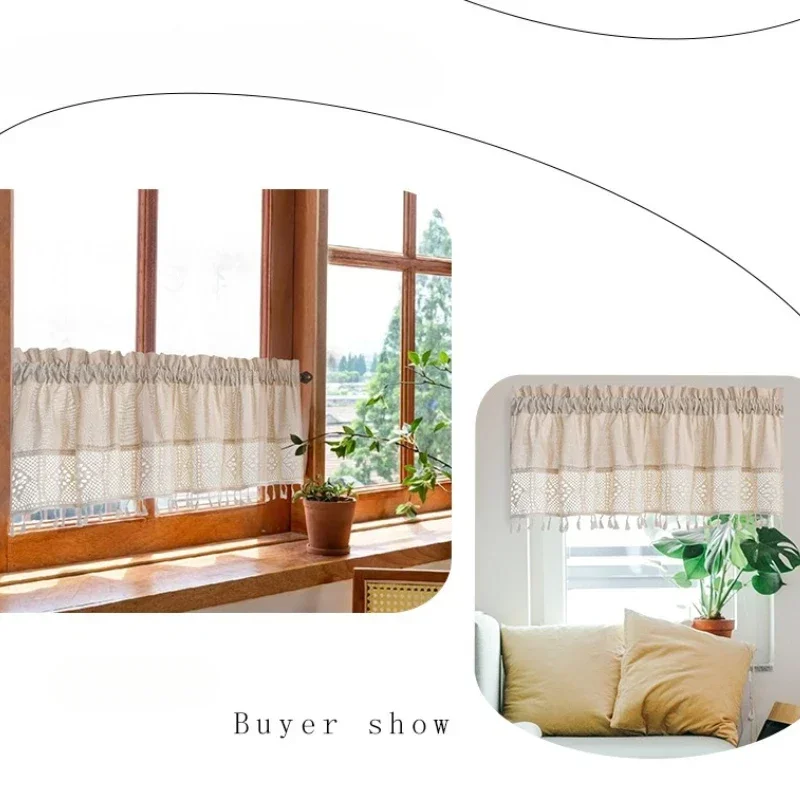 Vintage Linen Window Drapes Tassels Sheer Cream Beige Short Curtains Cafe Kitchen Net Short Curtains Panels Rod Pocket Valance