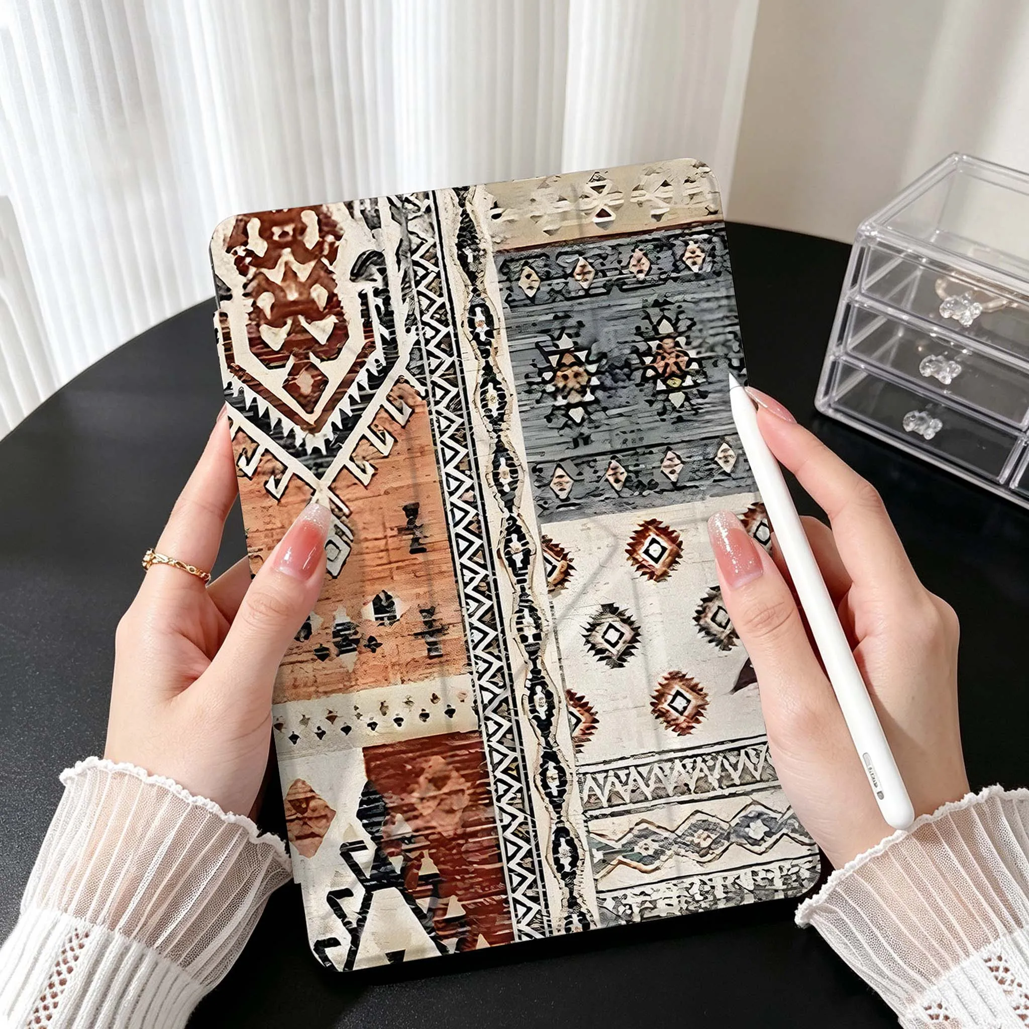 Ethnic Geometric For Samsung Galaxy Tab A9 A8 A11 S6 S7 S8 S9 S10 FE Plus Lite Transparent Y-Shaped Folding Tablet Case