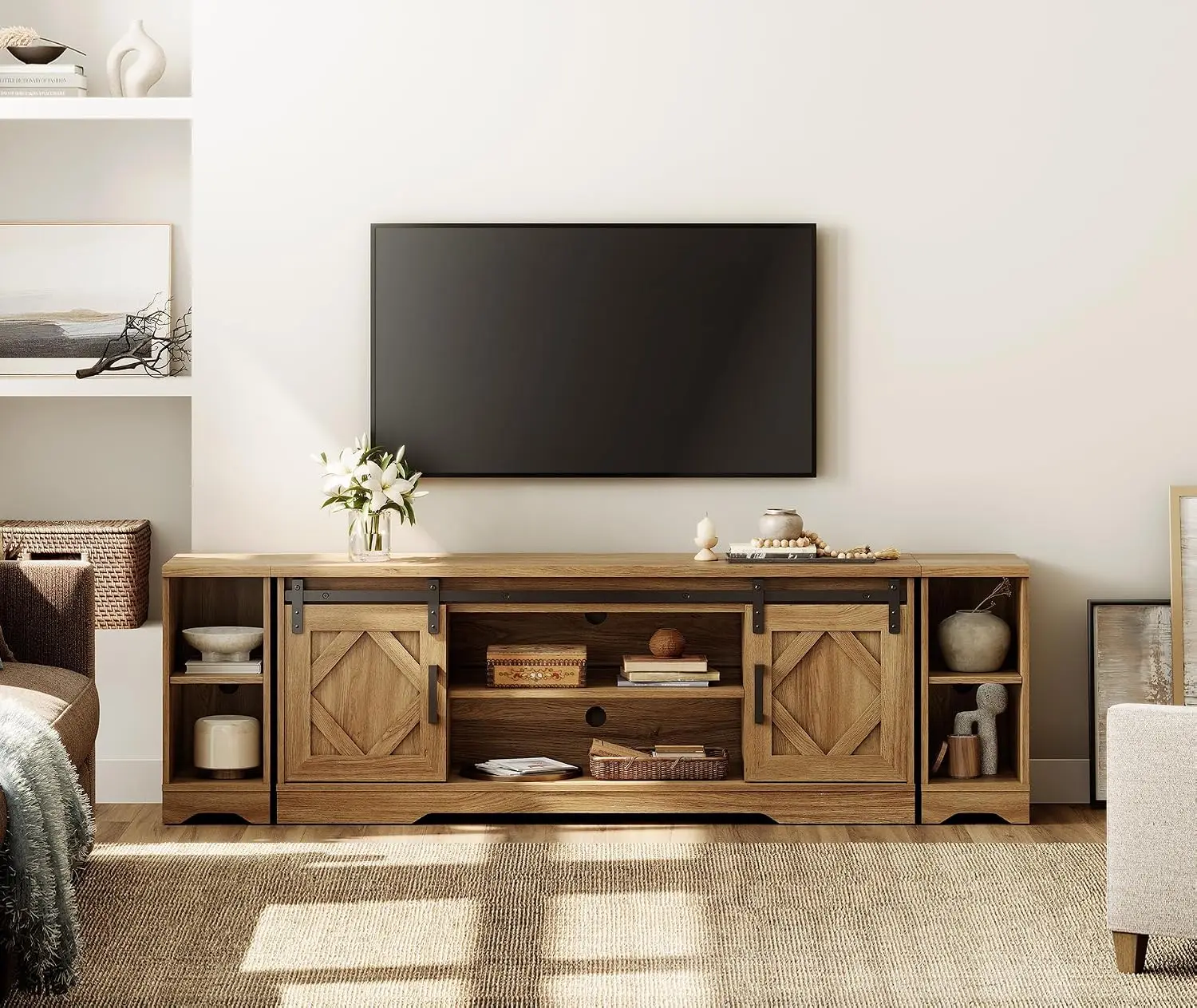 Farmhouse TV Stand Barn Door Storage Cable Management Media Console  Wooden TV Table, Customized