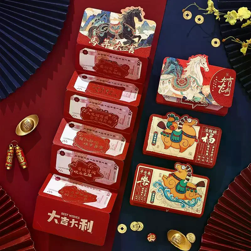 6 carte buste rosse cinesi pieghevoli cartone animato capodanno cavallo porta soldi tasca regalo festival di primavera