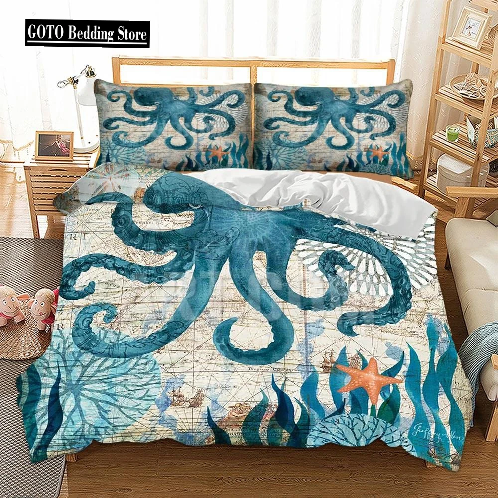 

3D Starfish,Seaweed Duvet Cover+pillow Case Print Octopus Winter Home Bedding Set King Size Breathable Quilt Cover Set Blue AQ