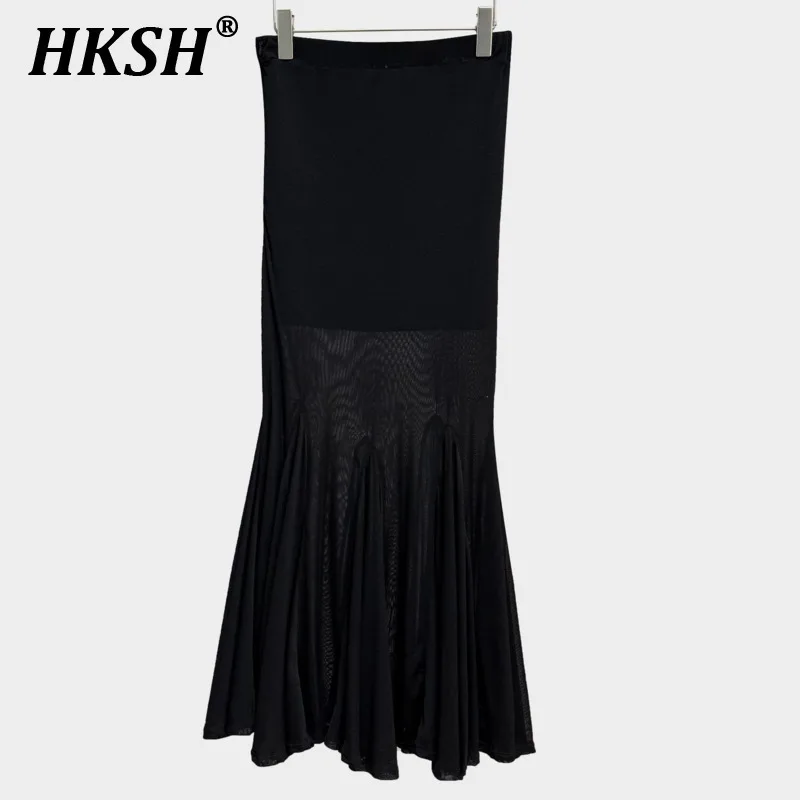 

HKSH Spring Summer New Women Korean Tide Chic Fashion High Street Solid Color Pleated Mesh Patchwork Wrap Fold Dark Skirt HK5683