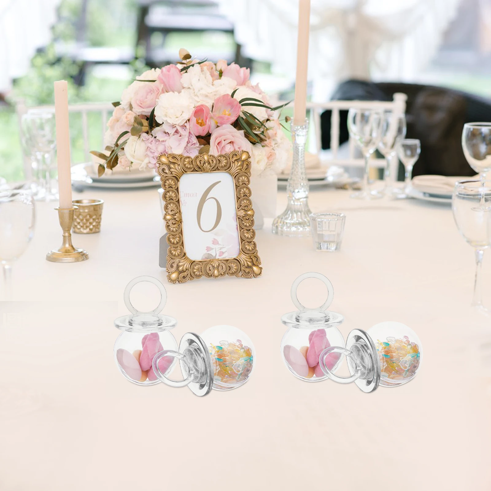 

24Pcs Transparent Shower Candy Boxes Pacifier Style Favor Containers for Christening Birthday Party Table Centerpieces