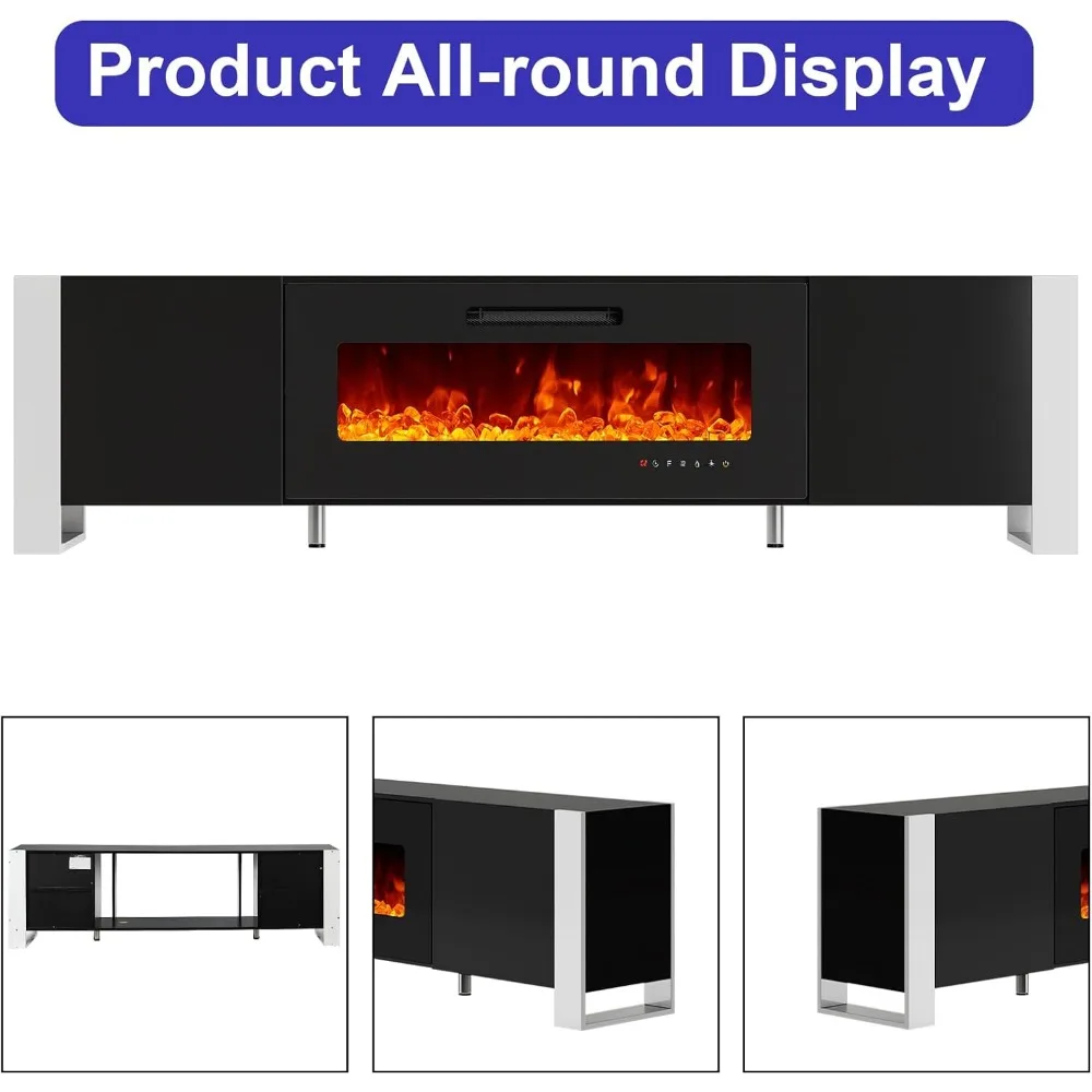 Pied en forme de U de 70 pouces, support TV de cheminée, console multimédia finition miroir avec foyer électrique de 36 pouces, supports TV de rangement à lumières LED