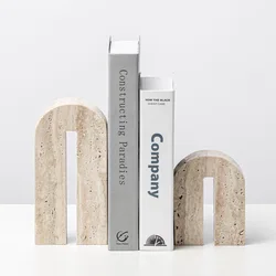 Retro Natural Stone Bookends Luxury Vintage Beige Travertine Book Stand Holder Home Decoration