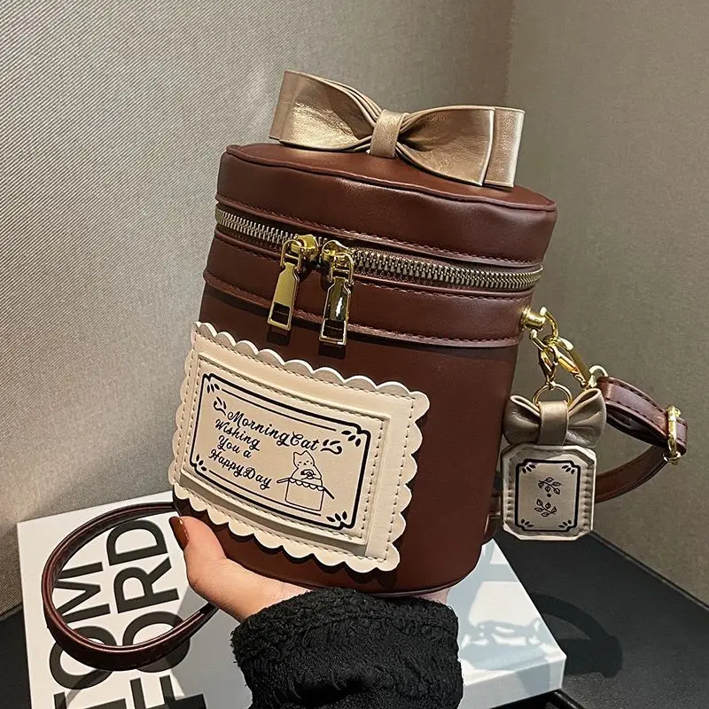 

JIAERDI Lolita Coffee Bucket Bag Womens Harajuku Bow Causal Crossbody Bags Female Sweet Kawaii Circular Handbag Messenger Bags