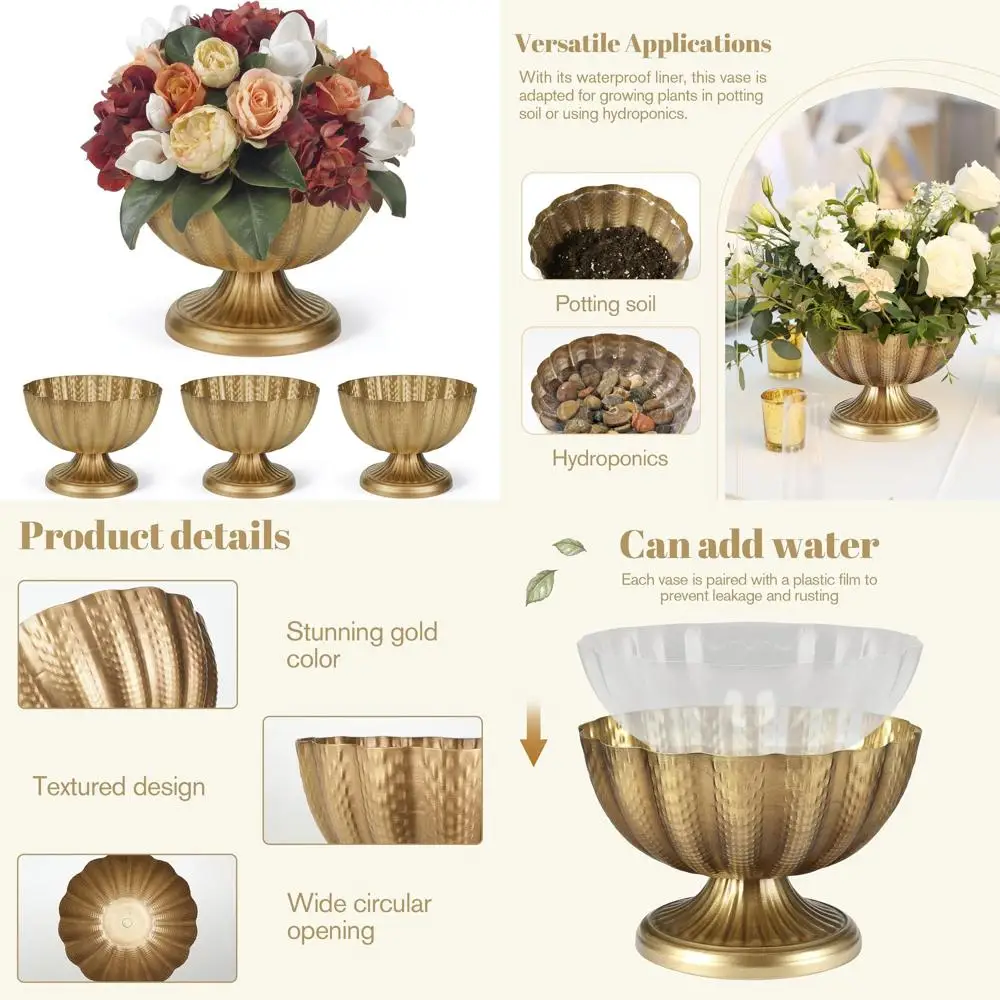 

Набор из 4 ваз-компотниц в античном золоте, 9 дюймов в диаметре, с эффектом состаривания, высота 6,5 дюймов, с водонепроницаемыми вкладышами для элегантных центральных композиций