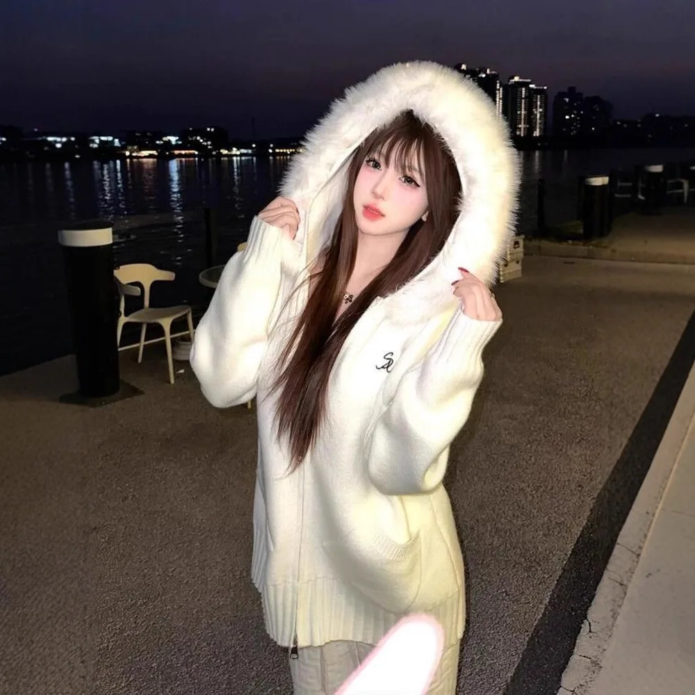 Autumn Winter New Style Hooded Fur Collar Women Knitted Cardigan Jacket  Loose Versatile Zipper Women Sweater