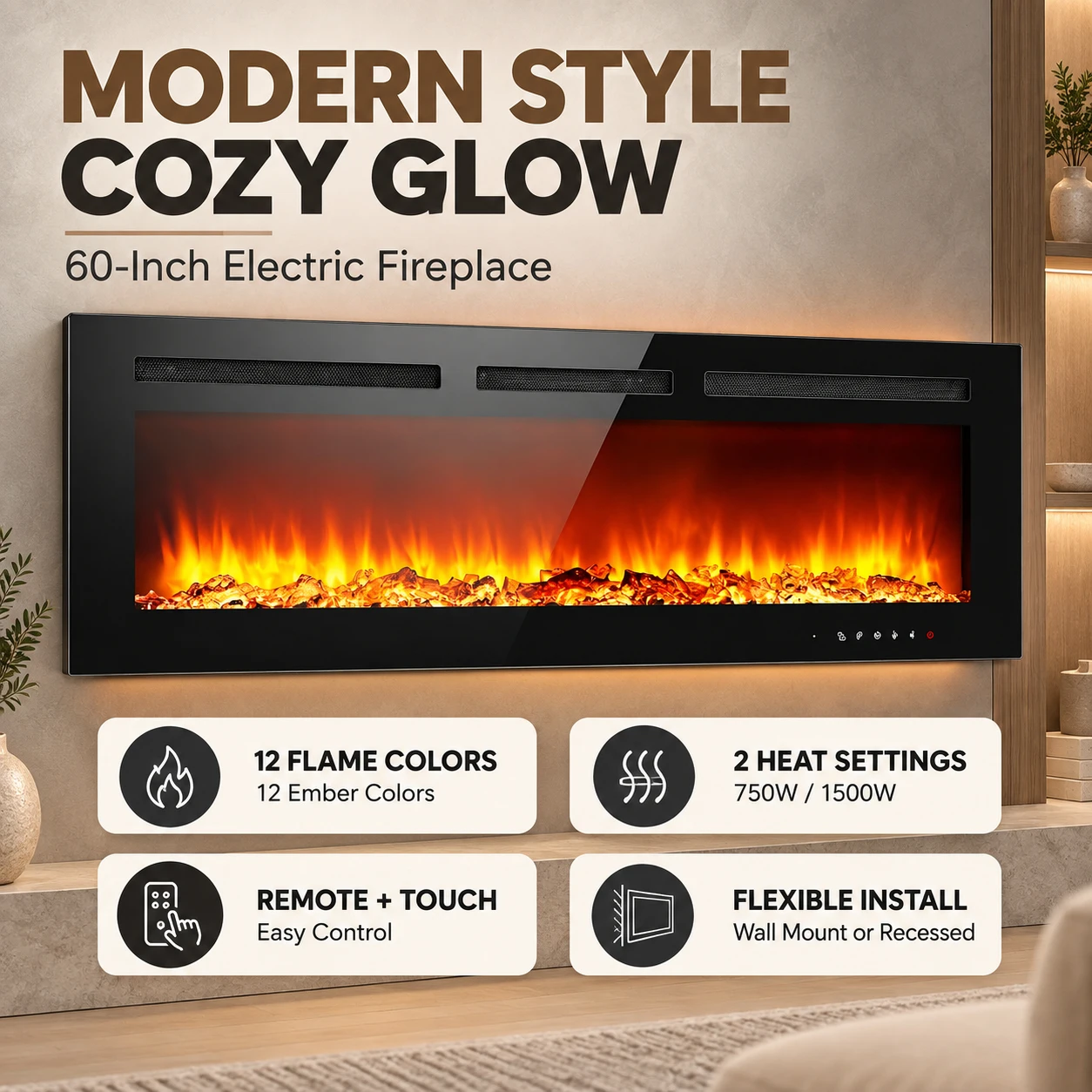 60 Inch Electric Fireplace Wall Mounted or Recessed Insert 750W 1500W Heater with Remote Touch Controls 12 Flame Colors Adjustable Thermostat and Timer Black Tempered Glass for Living Room Bedroom