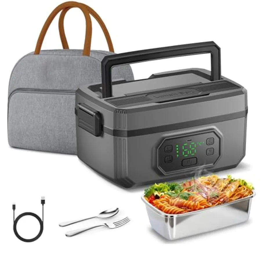 

Electric lunch box for office, truck, and travel use; stainless steel; black; 1.6L capacity, 24000mAh battery, automatic heatin