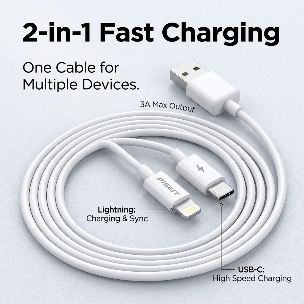2-in-1 Charging Cable, 3A USB to Lightning and Type C Fast Charger Cord, Durable PVC Data Sync Multi USB Cable for iPhone, iPad, Android Phones, Tablets, High-Speed Tinned Copper Core, White