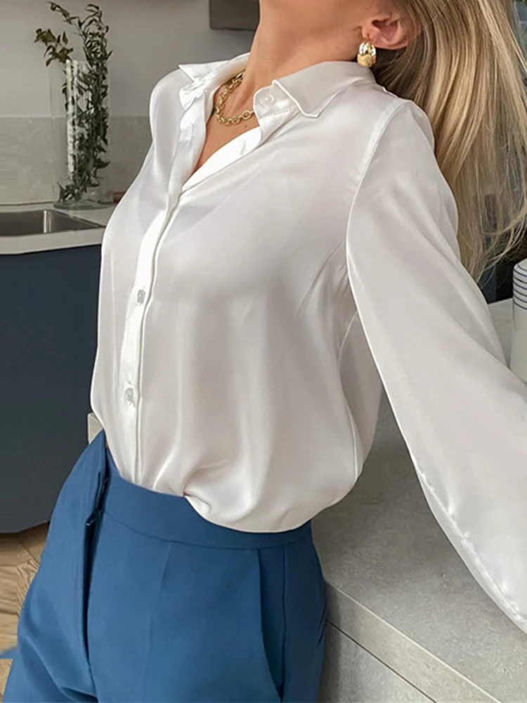 Glossy Satin Shirt 2024 Spring Summer Female Chic Vintage Casual Loose Single Breasted Fashion Blouses Office Lady Basic Clothes