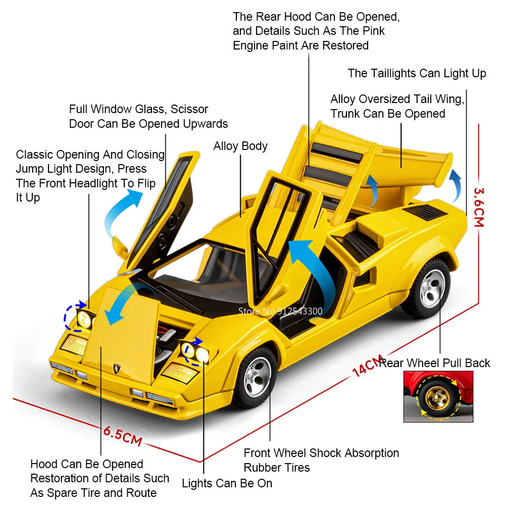 1:32 Scale Countach LP500S V12 Sports Car Model Toy Doors Opened Alloy Diecast Simulation Sound Light Models Gifts for Children