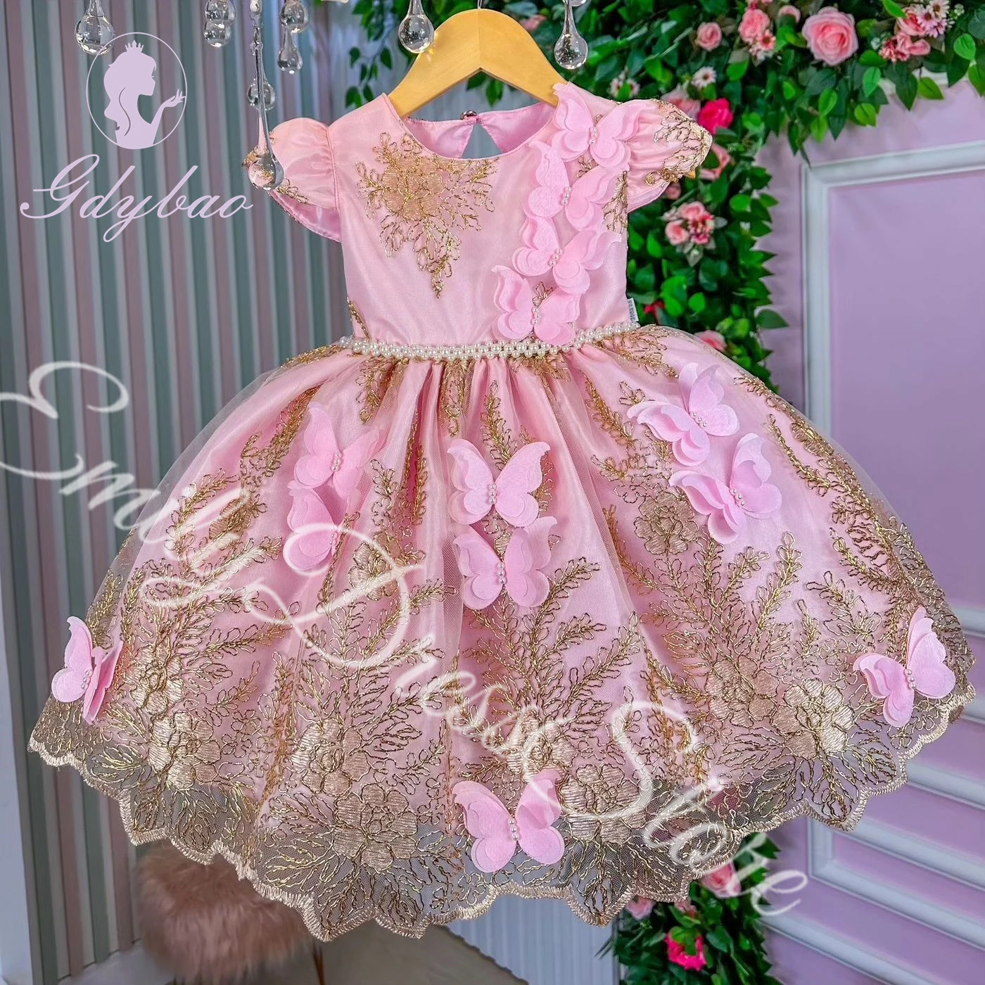 Customized Pink Flower Girl Dress For Wedding Tulle Applqique Lace Puffy With Bow Princess Kids Birthday First Communion Gown