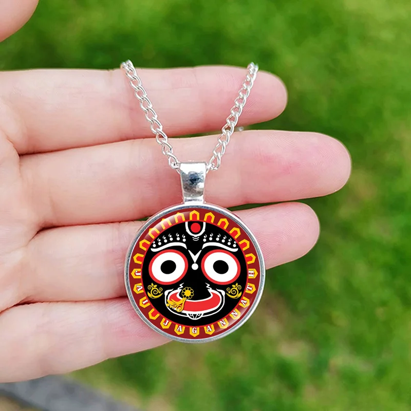 Vintage Hindu God lord Jagannath Necklace for Men Women Mandala Face Picture Charm Glass Time Gem Pendant Jewelry Gift